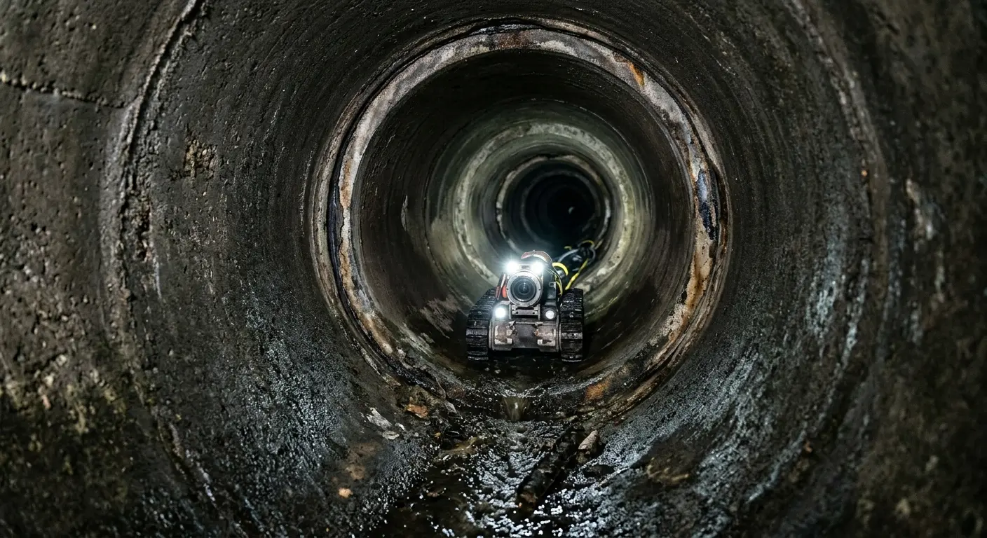 Robotic sewer camera inspecting pipe interior for Sewer Line Cleaning in Half Moon