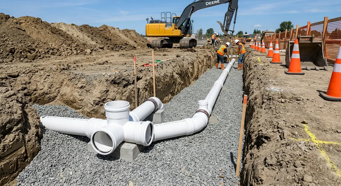 New PVC sewer pipe installation in open trench for Commercial Drain Cleaning in Half Moon