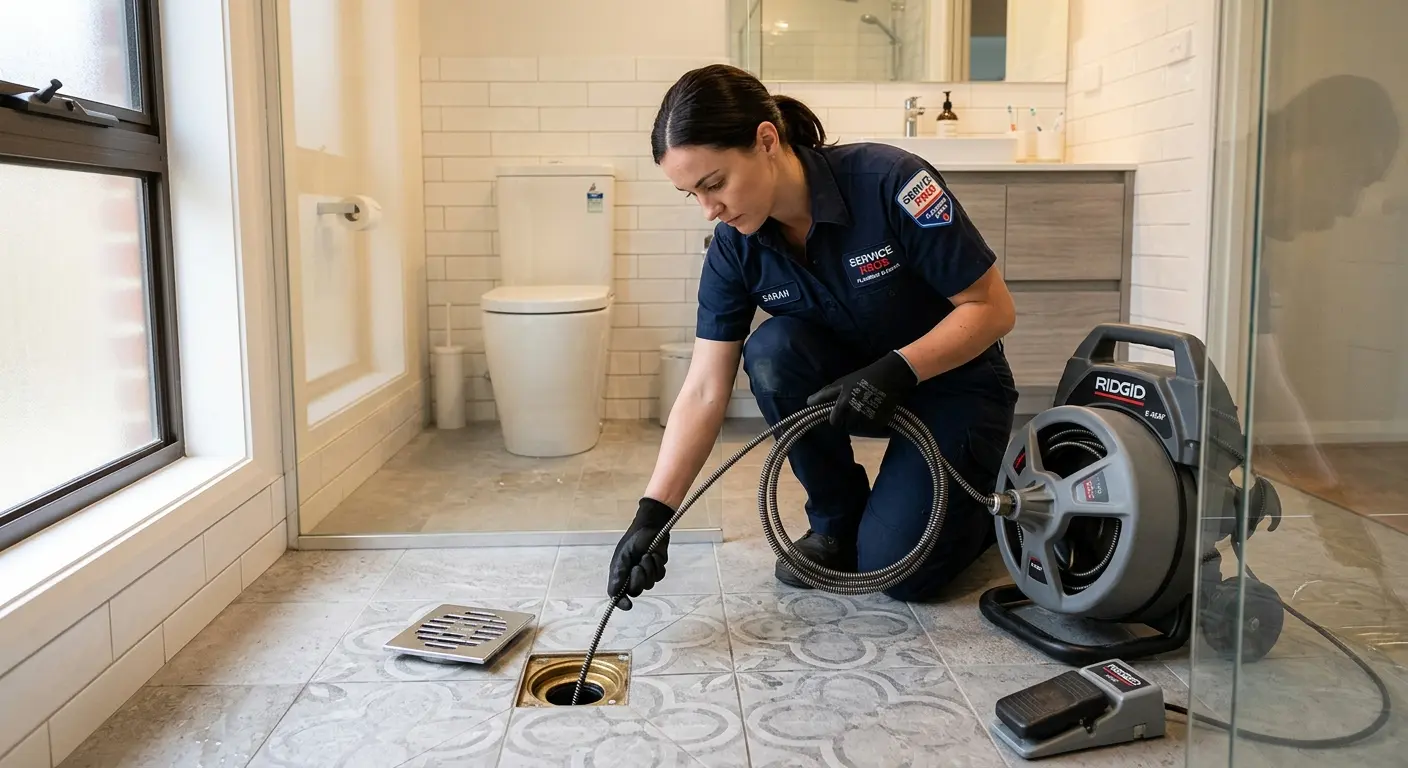 Technician clearing a bathroom floor drain for Drain Repair in Half Moon
